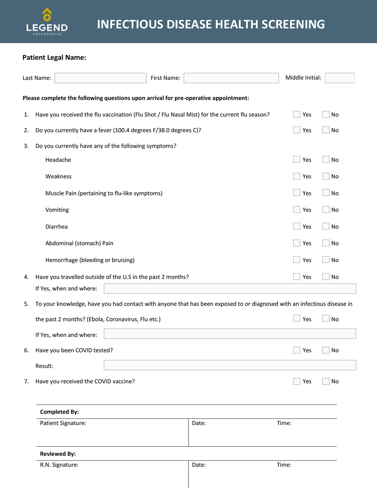 Infectious Disease Health Screening Form