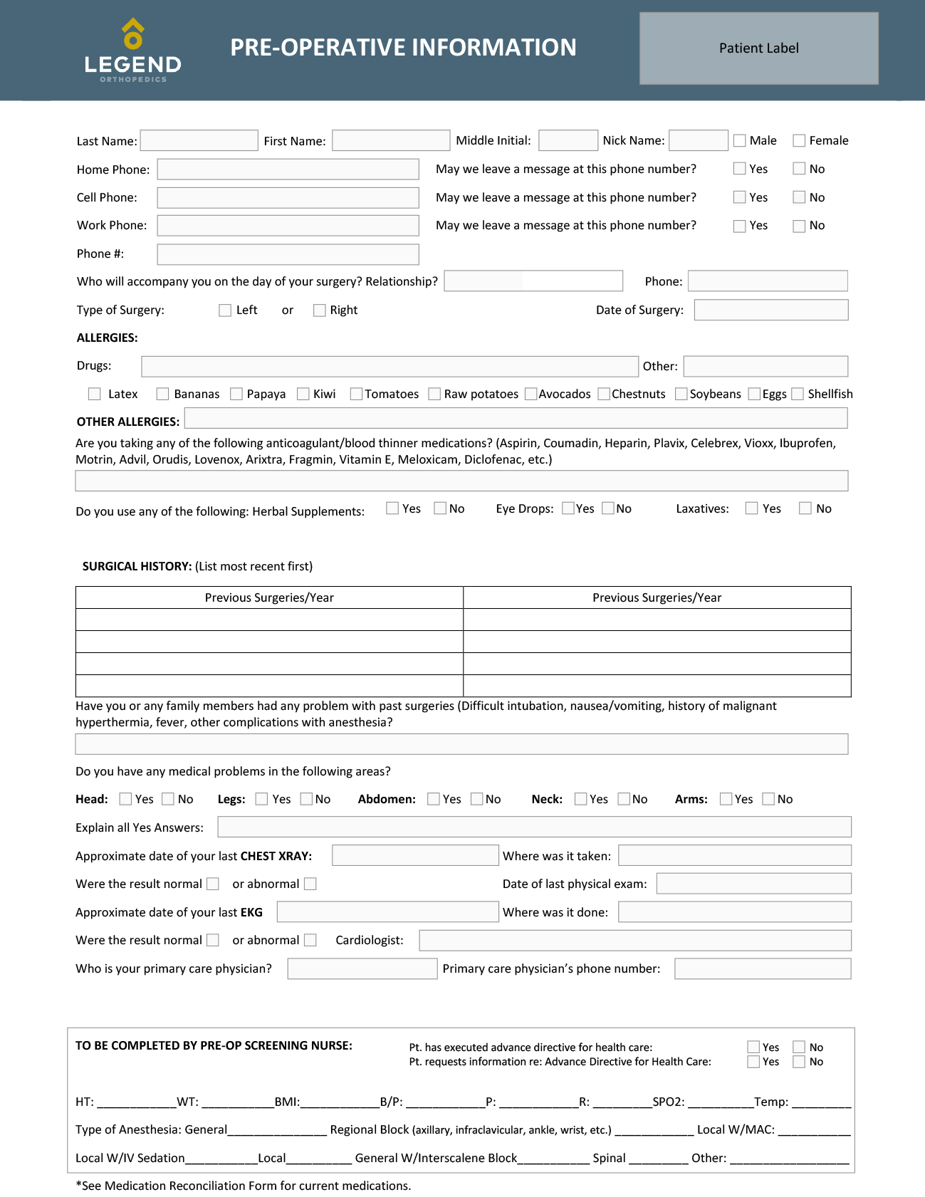Pre-operative Information Form